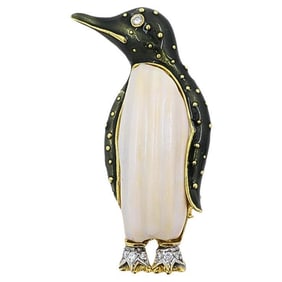 Aldo Cipullo for Cartier Brooch Penguin Enamel Diamond 18K Gold