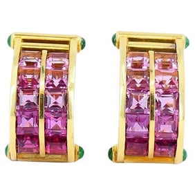 Vintage Bulgari 18k Gold Emerald Pink Tourmaline Earrings
