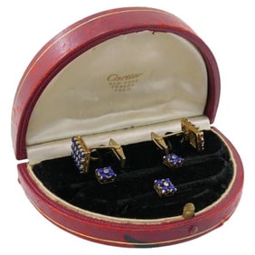 Vintage Cartier NY Gold Lapis Lazuli Diamond Cuff Link Set