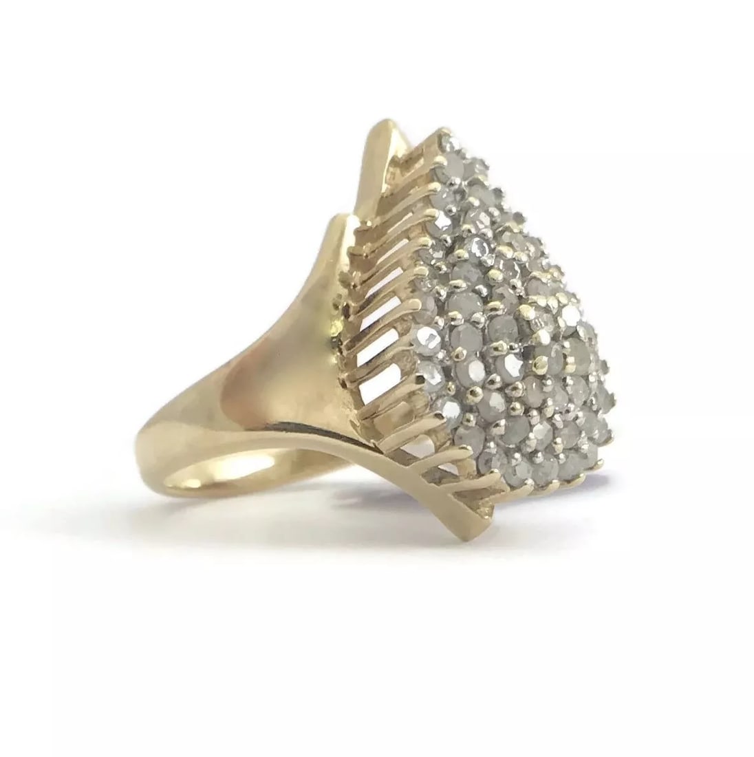 Vintage Pear Diamond Cluster Cocktail Ring 10K Yellow Gold, 1.01 CTW, 4.40 Grams: Vintage Pear Diamond Cluster Cocktail Ring 10K Yellow Gold, 1.01 CTW, 4.4 Grams This ring is a gorgeous vintage estate piece! Please let us know if you have any questions. Diamonds: 62 round old cuts,