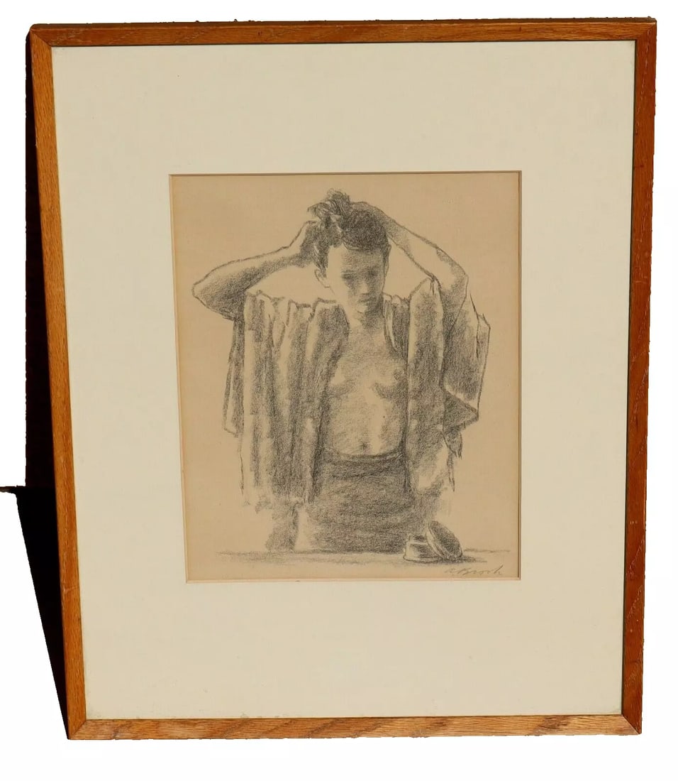 ALEXANDER BROOK Woman Fixing Hair "Morning" Signed AAA Lithograph: Alexander Brook (1898-1980). Associated American Artist's Lithograph. "Morning" Woman in an Open Robe Fixing her Hair, 9" x 7" image sight size (framed size: 15-1/2" x 12-1/2") signed lower right. Has