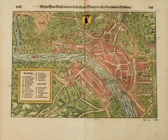 1598 Munster View of Basel -- Bende Stett Basel mit dem Furfliessenden Rhein und Allen Furnemen