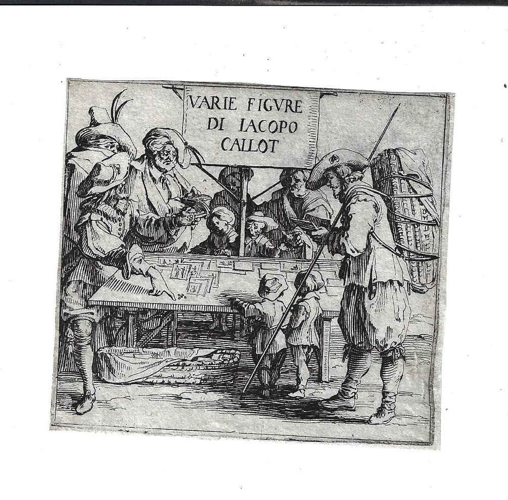 1630 Jacques Callot Varie Figure Engraving: Varie Figure Di Jacopo Callot, engraved by Jacques Callot (1592-1635), Paris. This appears to be a slightly later print from the original in 1621, circa 1630. Light repair to bottom margin. Measures 4
