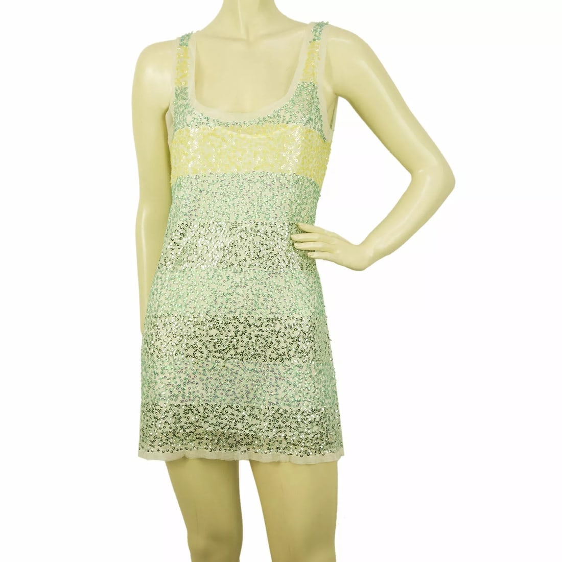 DKNY Green & Yellow Striped Sleeveless Sequins 100% Mini Length Dress sz S: DKNY Green & Yellow Striped Sleeveless Sequins 100% Mini Length Dress sz S Be bold and unique as you make an entrance in this magnificent dress by DKNY! This beautiful striped mini cocktail dress is m