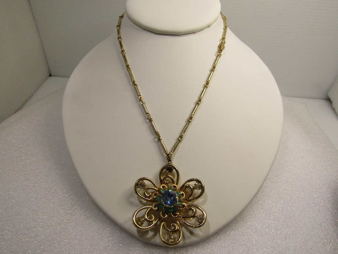 Vintage Blue/Aqua Rhinestone Blossom Necklace, Coro Tag, 15", 1950's-1960's: Vintage Blue/Aqua Rhinestone Blossom Necklace, Coro Tag, 15", 1950's-1960's. This has the Coro Pegasus foil black and gold tag - it is not signed Coro. it is unknown if this is truly Coro or just a pi