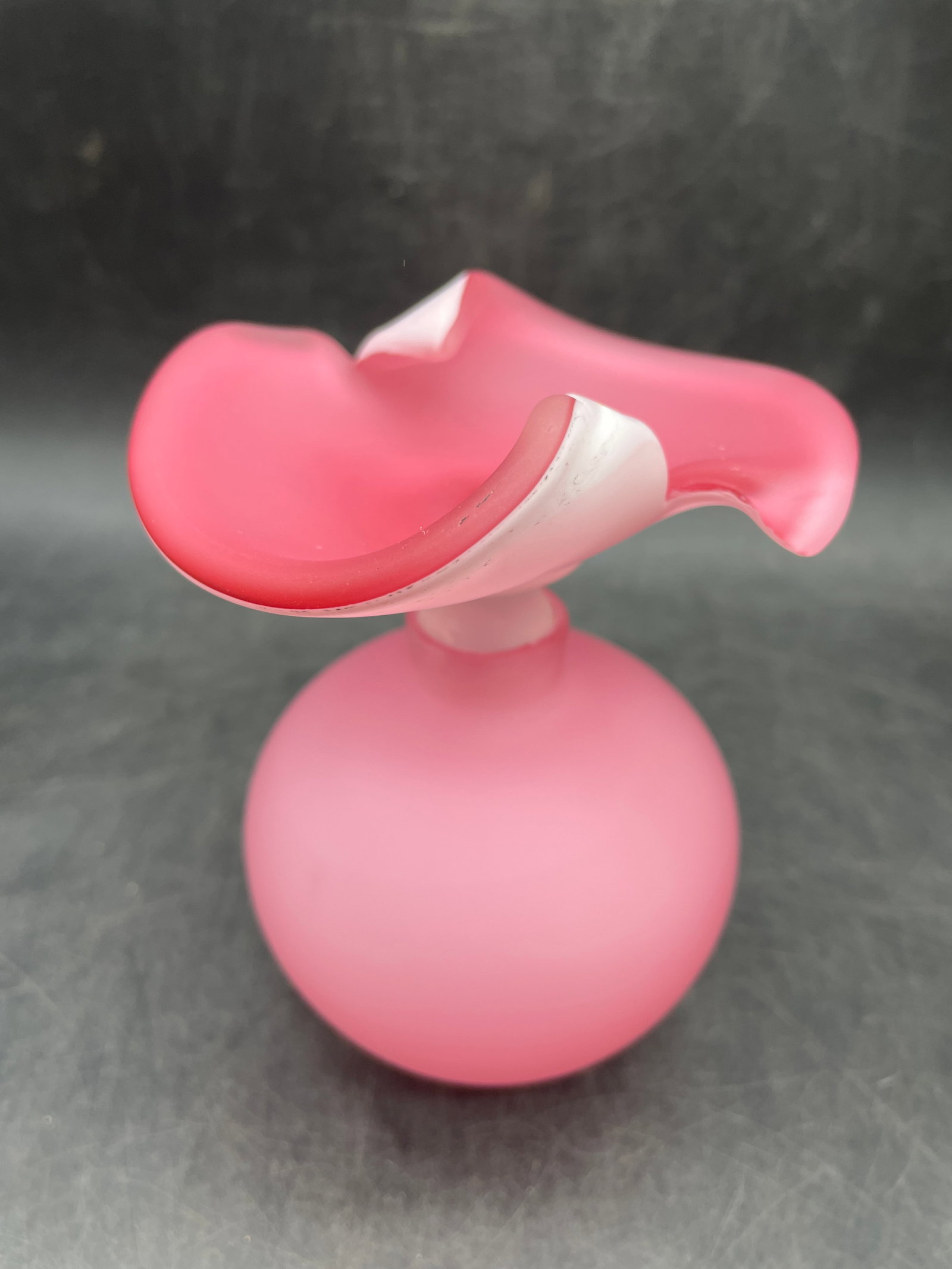 Blown Glass Perfume Bottle: Title: Blown Glass Perfume Bottle Date/Period: UNKNOWN Dimension: Approx. 4.75" x 3.75" x 3.5" Material: gass Additional Information: Lovely and delicate this blown glass perfume in a pretty pink colo