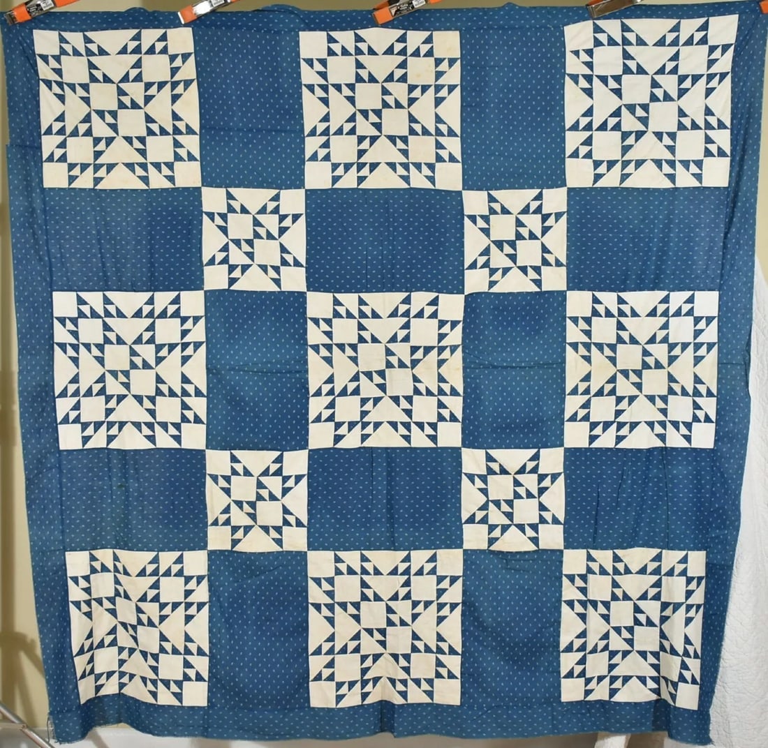 1880's Blue & White Feathered Stars Quilt Top (1 of 5)