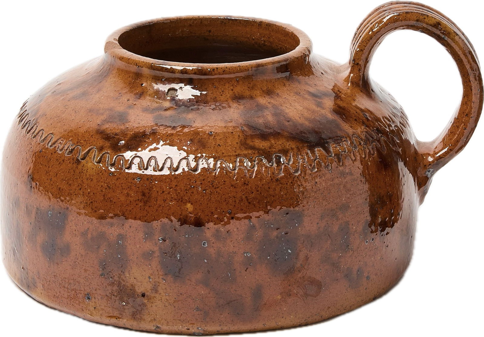 Redware Bean or Stew Pot: Rare Glazed Redware Bean or Stew Pot A Very Rare and Unusual Glazed Redware Bean or Stew Pot with Great Incised Wavy Decoration and Ribbed Handle. Small Rim Chip, No Other Damage Noted. Pennsylvania M