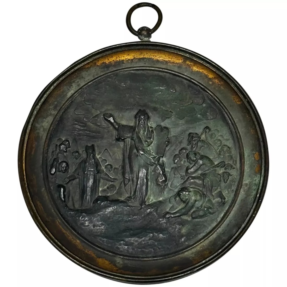 19th Century Round Bronze Wall Plaque Religious Biblical Moses Ten Commandments: 19th Century Round Bronze Wall Plaque Religious Biblical Moses Ten Commandment 1 Small Religious Antique 19th Century Bronze Plaque Biblical Moses Ten Commandments. Subject religious icon Moses holdin