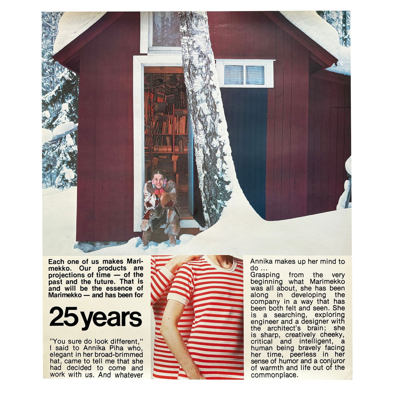 1970s 25th Anniversary Marimekko Poster with Annika Piha: As part of Marimekko's ongoing efforts to promote the brand worldwide, this piece is from a line of posters sent to distributors, press, and agents to celebrate the 25th anniversary of Marimekko in 19