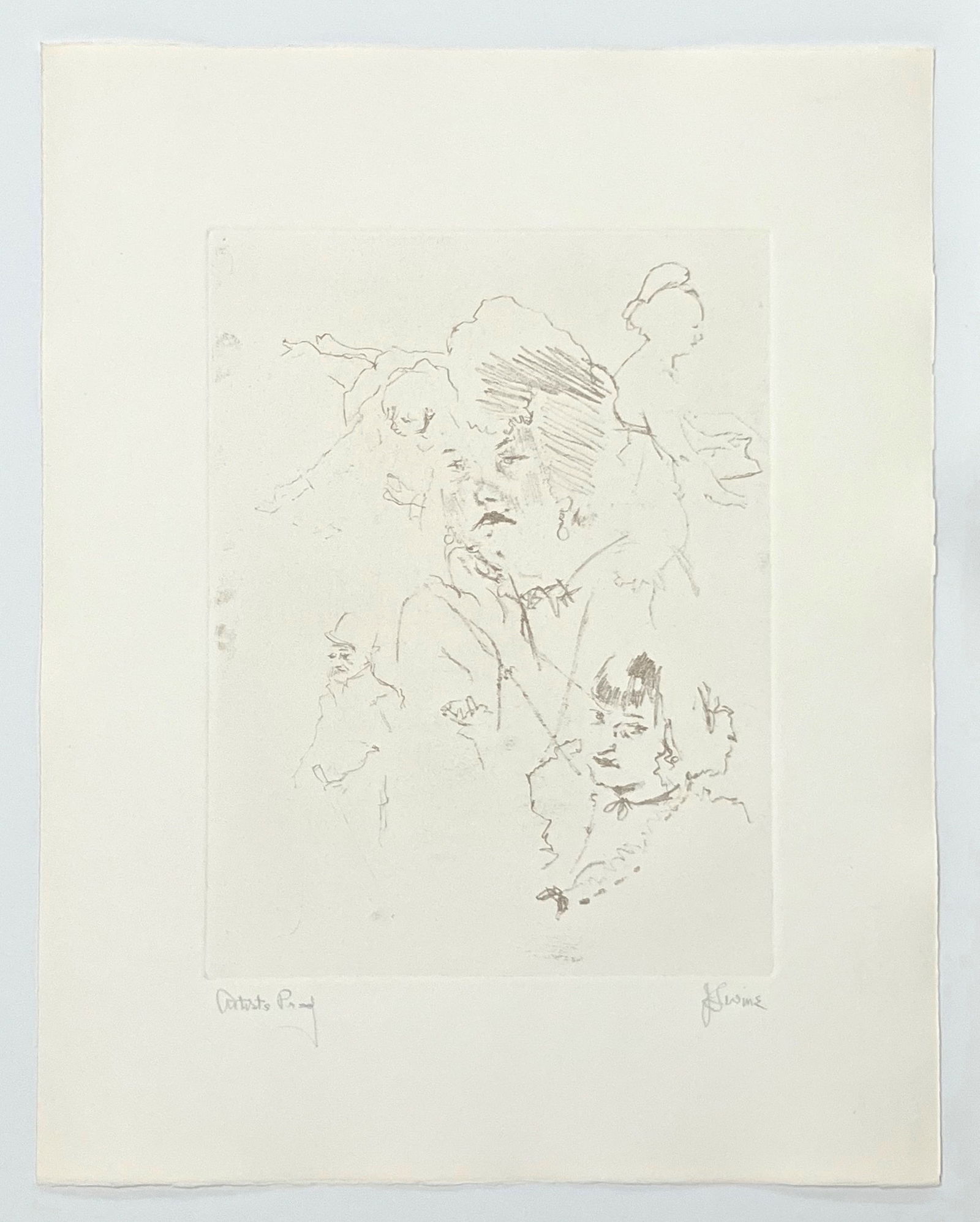 Jack Levine signed original etching "Tunbridge Girls with McHeath in Flight": Medium: original soft ground etching. Signed in pencil and annotated "Artist's Proof". Printed in 1967 for the Dreigroschen Film portfolio and published by Touchstone Publishers. This is one of 10 art