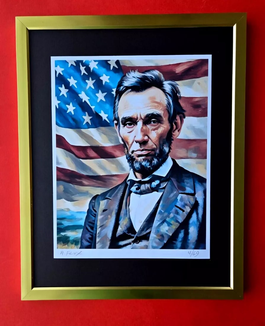 AIDAN FLUX | Hand Signed Authentic Print Framed ABRAHAM LINCOLN COA: This is a one-of-a-kind Hand Signed Authentic Giclee by AIDAN FLUX. From his Series "American Icons" The artist has created a stunning piece of art that features a powerful message about women's empow