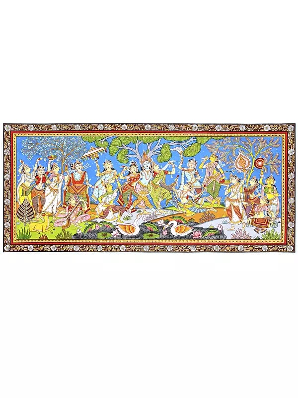 Celebration View of Lord Krishna with Gopikas | Pattachitra Painting From Odisha (1 of 8)