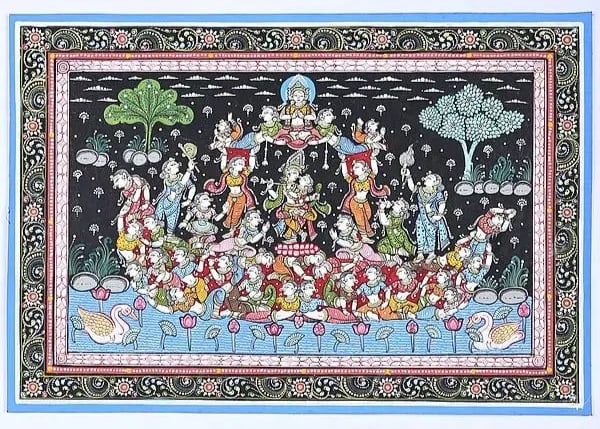 Romantic Aspect of Krishnaleela | Pattachitra Painting: A Glimpse into the Divine Romance: The Story in the Painting This exquisite Pattachitra painting captures a pivotal moment from the enchanting life of Krishna, the beloved Hindu deity. The artwork, re