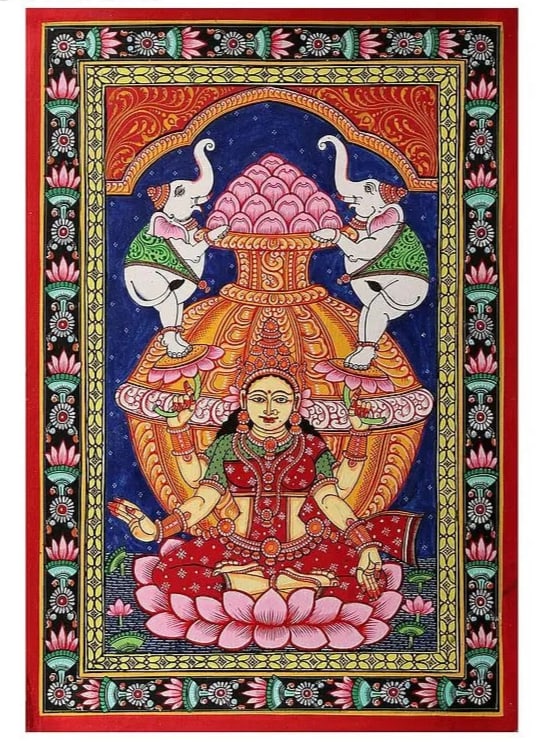 Goddess Gajalakshmi Seated on Lotus | Patachitra Art: Specifications DDE386 Watercolor on Handmade Canvas Dimensions: 19 inch Height X 13 inch Width Reserve: $139.50 Shipping: Domestic: Shipping rates are determined by destination International:
