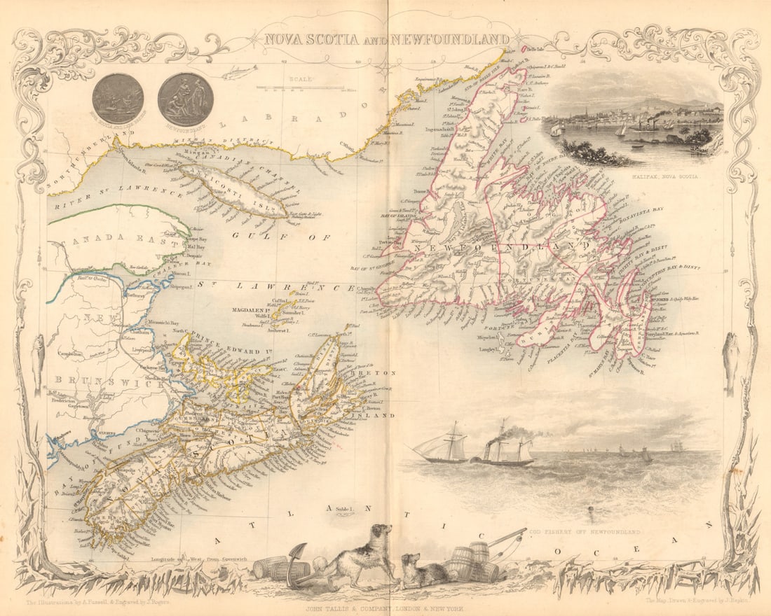 NOVA SCOTIA & NEWFOUNDLAND. Halifax view. Canada. PEI. TALLIS/RAPKIN 1849 map: TITLE/CONTENT OF MAP: 'Nova Scotia and Newfoundland' Vignettes: Halifax, Nova Scotia; Cod Fishery off Newfoundland DATE PRINTED: 1849 IMAGE SIZE: Approx 27.0 x 33.5cm, 10.5 x 13.25 inches (Large); Ple
