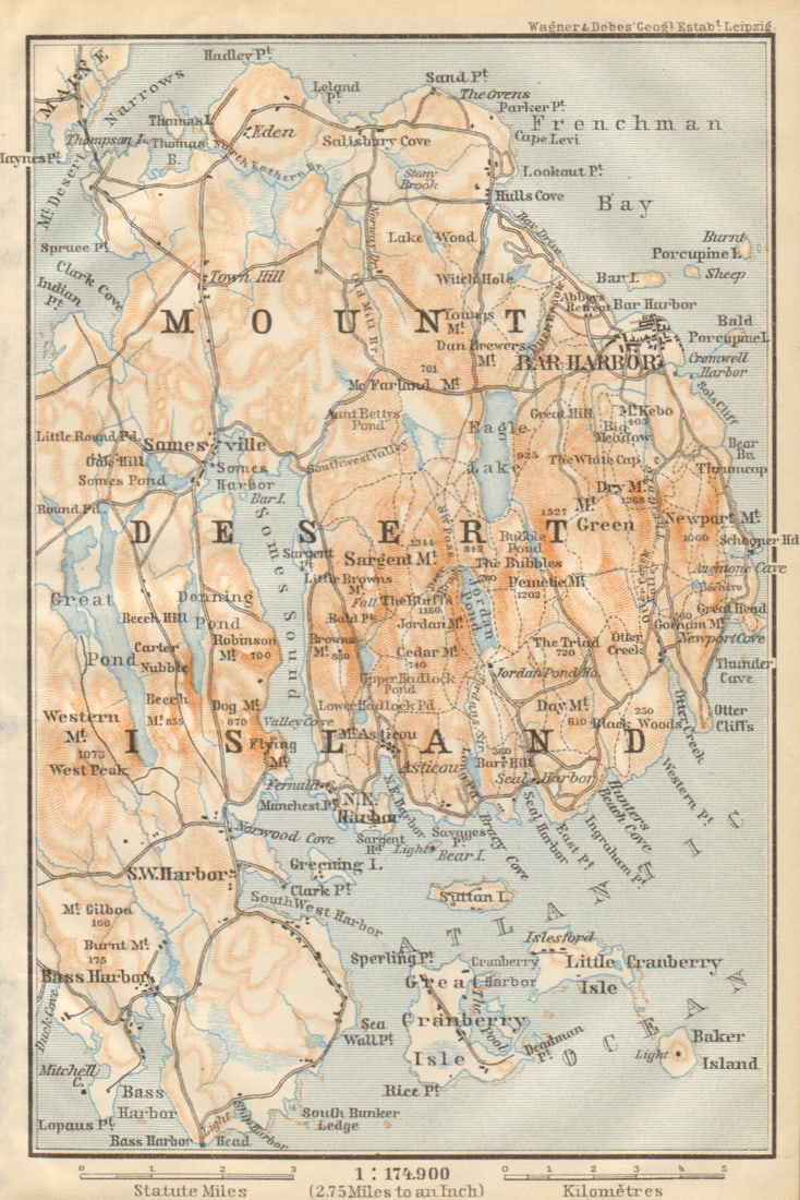 MOUNT DESERT ISLAND. Maine. Bar Harbor. BAEDEKER 1904 old antique map chart (1 of 1)