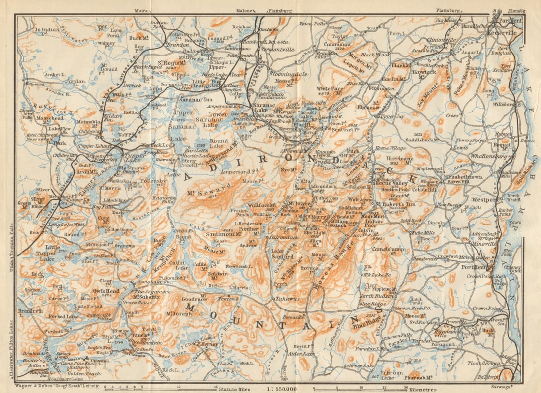 THE ADIRONDACK MOUNTAINS . New York State. BAEDEKER 1904 old antique map chart: TITLE OF MAP (NOT PRINTED ON THE PAGE):'The Adirondack Mountains' DATE PRINTED: 1904 IMAGE SIZE: Approx 15.0 x 21.5cm, 6 x 8.25 inches (Medium); Please note that this is a folding map. TYPE: Antique