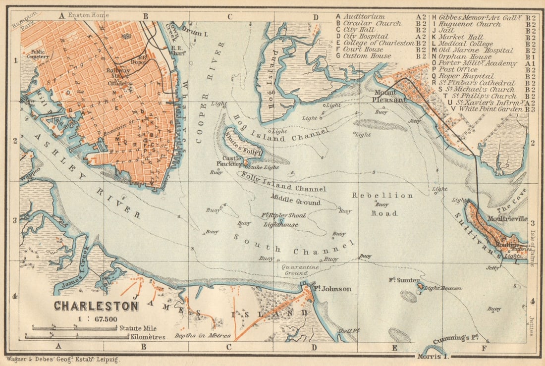 CHARLESTON antique town city & harbor plan. South Carolina. BAEDEKER 1904 map: TITLE OF THE MAP: 'Charleston' DATE PRINTED: 1904 IMAGE SIZE: Approx 10.0 x 15.5cm, 4 x 6 inches (Small) TYPE: Antique colour map; Scale 1:67.500 CONDITION: Good; suitable for framing. The