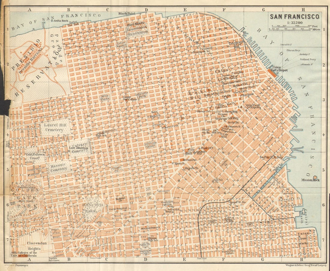 SAN FRANCISCO antique town city plan. California. BAEDEKER 1904 old map: TITLE OF THE MAP: 'San Francisco' DATE PRINTED: 1904 IMAGE SIZE: Approx 21.0 x 24.5cm, 8.25 x 9.5 inches (Medium); Please note that this is a folding map. TYPE: Antique colour map; Scale 1:33.000