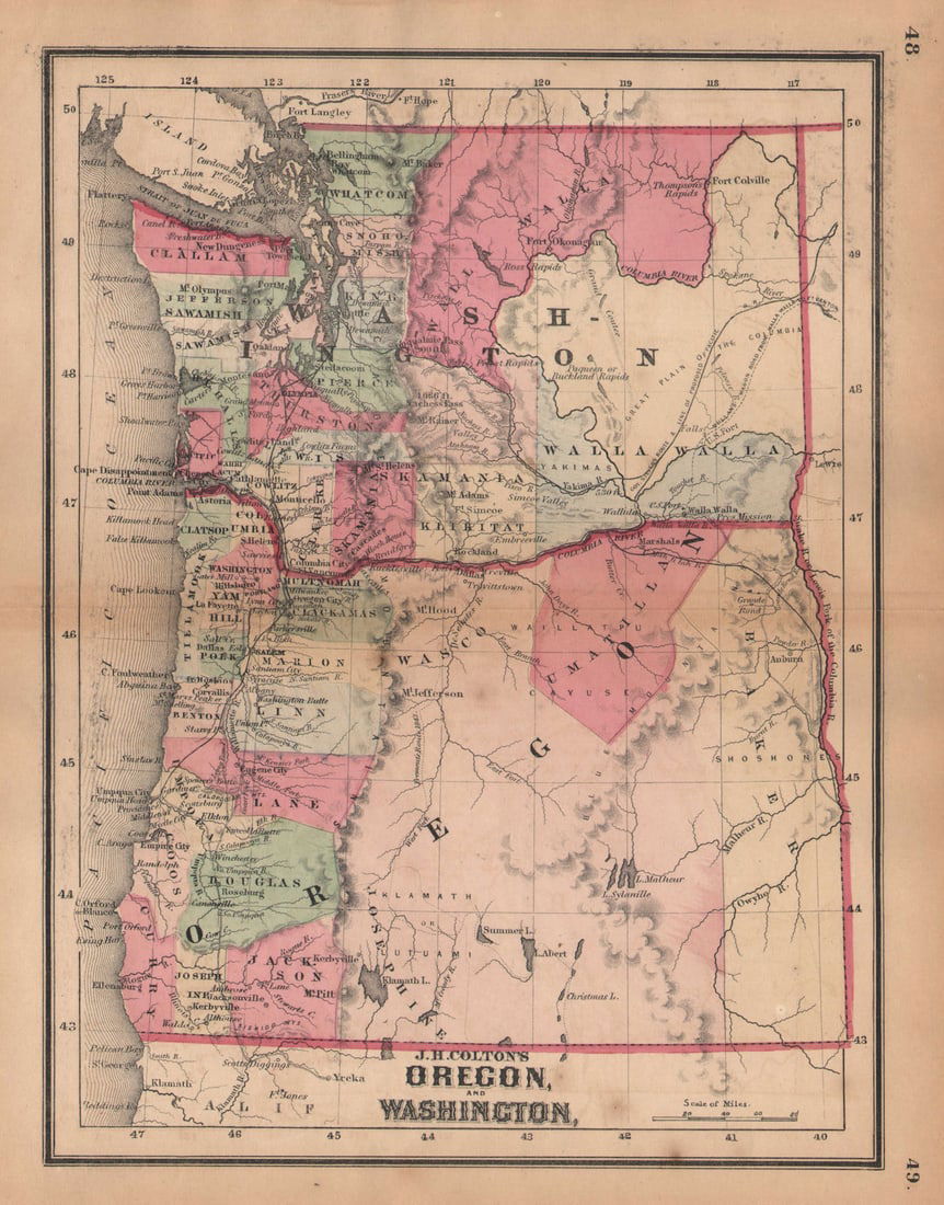 J. H. Colton's map of Oregon and Washington 1864 old antique plan chart (1 of 1)