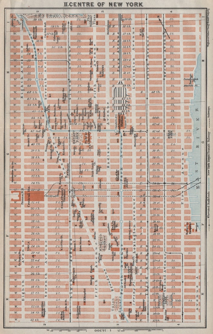 MIDtown DOWNTOWN MANHATTAN. New York City antique town plan. BAEDEKER 1909 map: TITLE OF THE MAP: 'II. Centre of New York' Places shown on the map include: Manhattan DATE PRINTED: 1909 IMAGE SIZE: Approx 24.0 x 15.0cm, 9.5 x 6 inches (Medium); Please note that this is a folding m