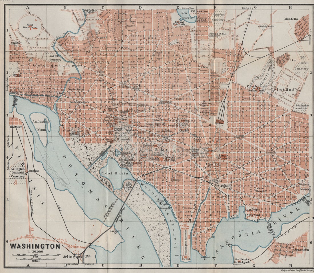 WASHINGTON DC antique town city plan. BAEDEKER 1909 old map chart (1 of 1)