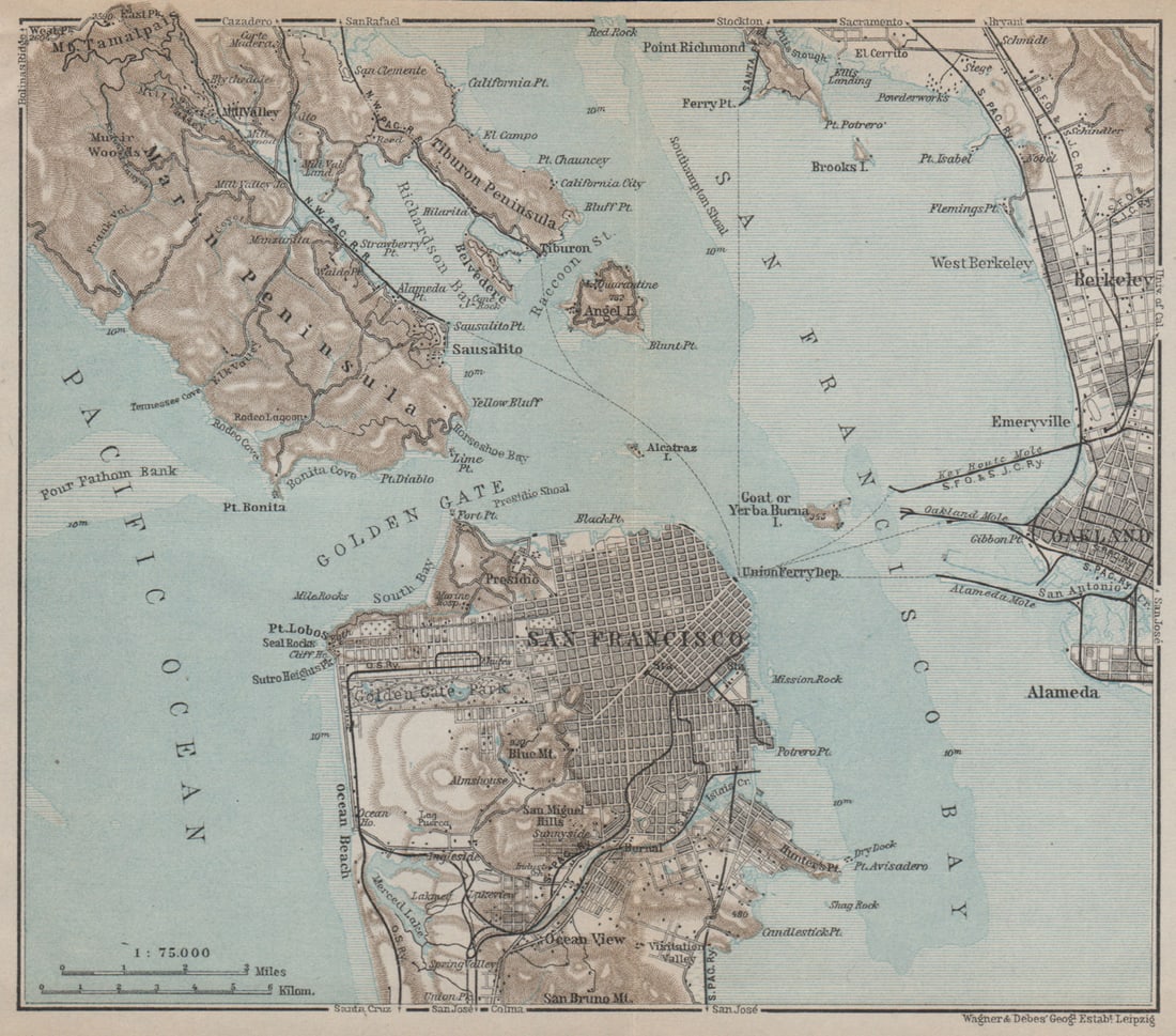 SAN FRANCISCO BAY California Golden gate Oakland Berkeley. Pre-bridges 1909 map (1 of 1)
