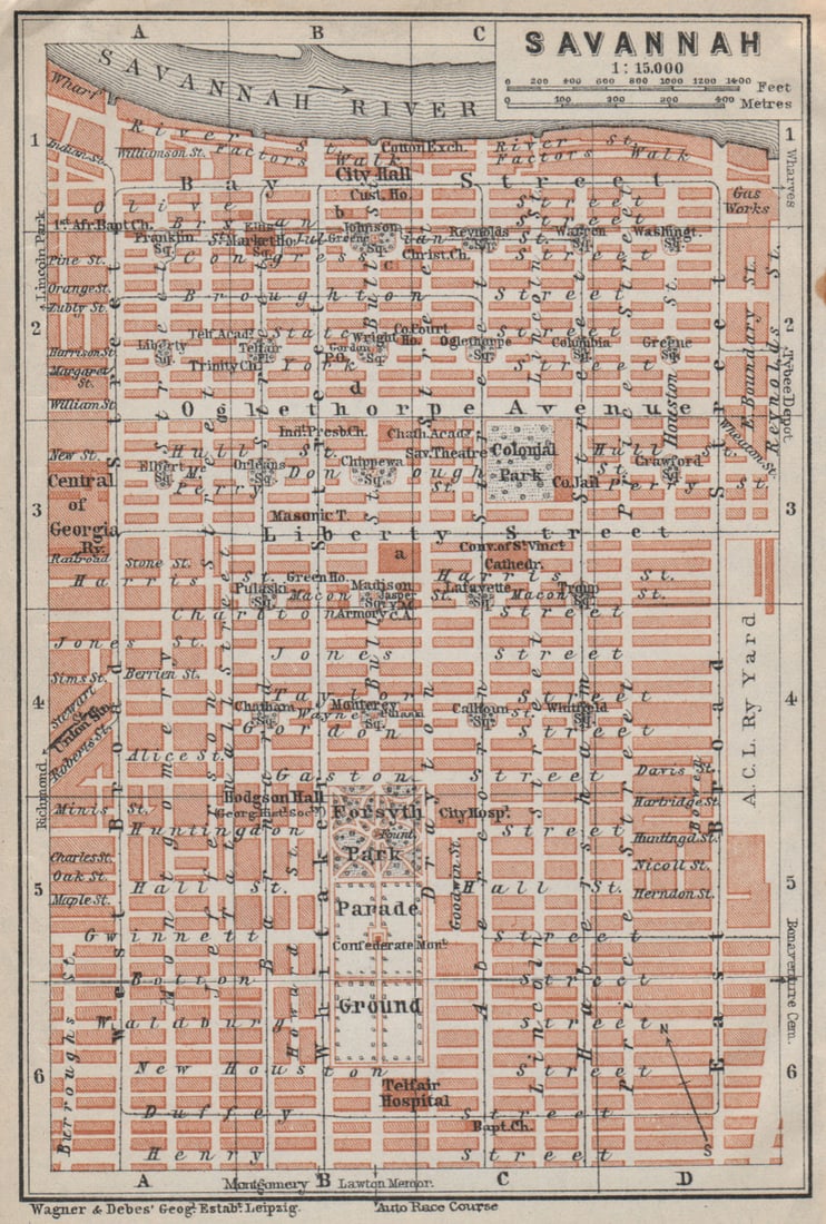 SAVANNAH antique town city plan. Georgia, US. BAEDEKER 1909 old map: TITLE OF THE MAP: 'Savannah' DATE PRINTED: 1909 IMAGE SIZE: Approx 15.0 x 10.0cm, 5.75 x 4 inches (Small) TYPE: Antique colour map; Scale 1:15.000 CONDITION: Good; suitable for framing. The
