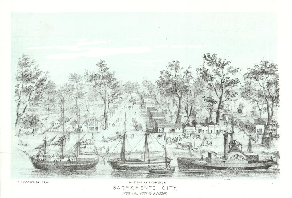 Sacramento City, from the foot of J Street', California gold rush. Cooper 1853: CAPTION PRINTED BELOW PICTURE: 'Sacramento City, from the foot of J Street' These prints depict the long and arduous journey from the east coast of the United States to the California Gold Rush towns 