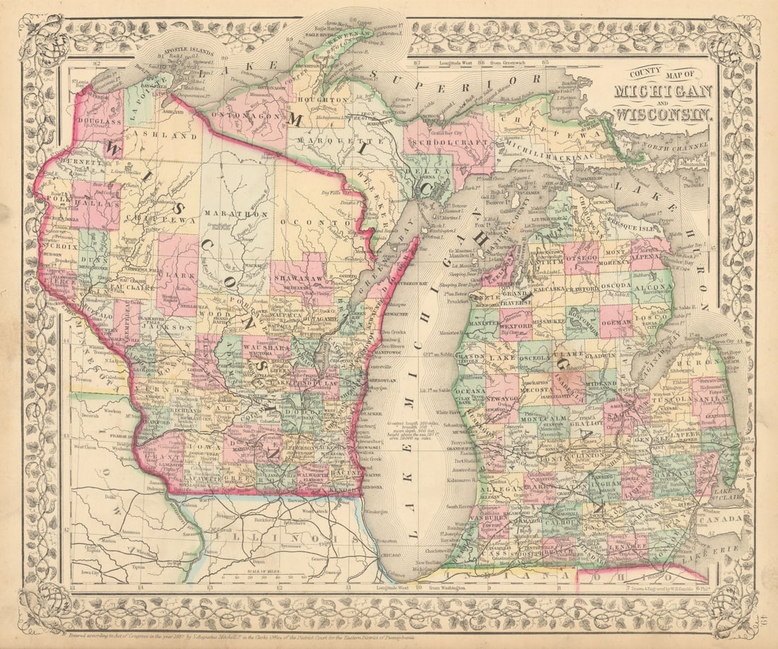 County map of Michigan and Wisconsin by S. Augustus Mitchell. State map 1869: CAPTION PRINTED BELOW PICTURE: 'County map of Michigan and Wisconsin' DATE PRINTED: 1869 IMAGE SIZE: Approx 30.5 x 37.0cm, 12 x 14.5 inches (Large) TYPE: Decorative antique atlas map with original ha
