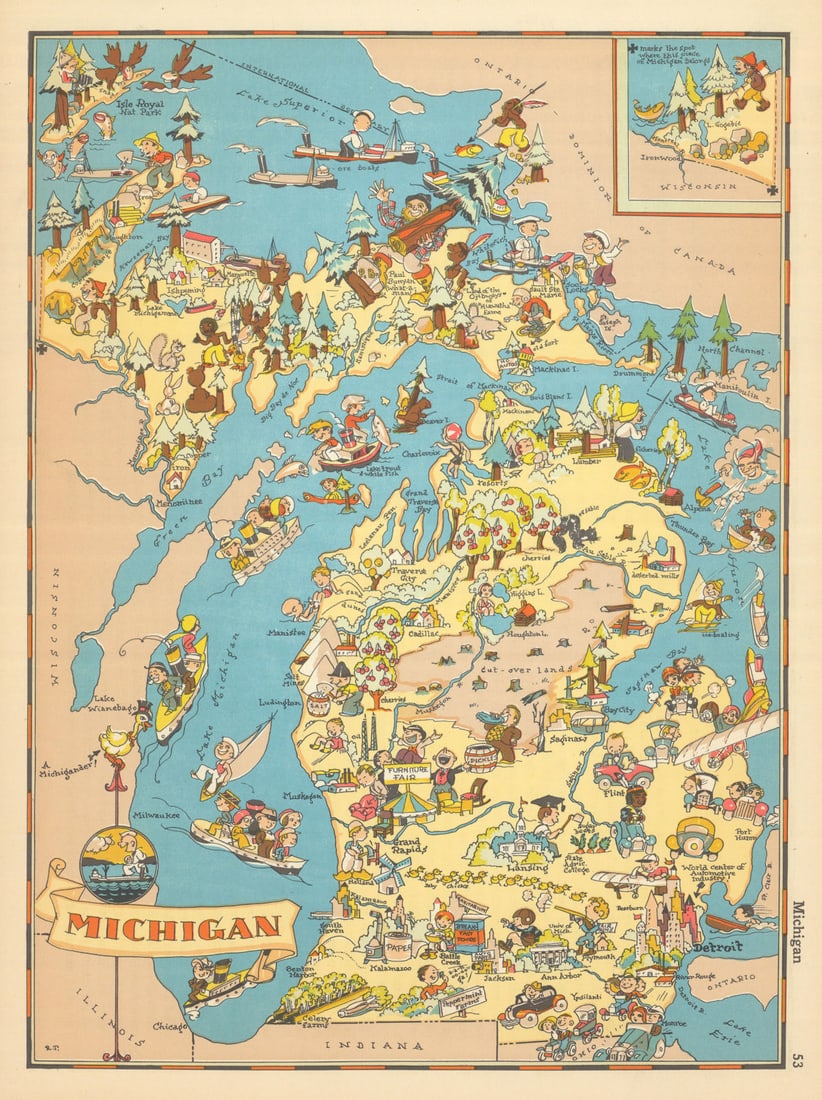 Michigan. Pictorial state map by Ruth Taylor White 1935 old vintage chart (1 of 1)