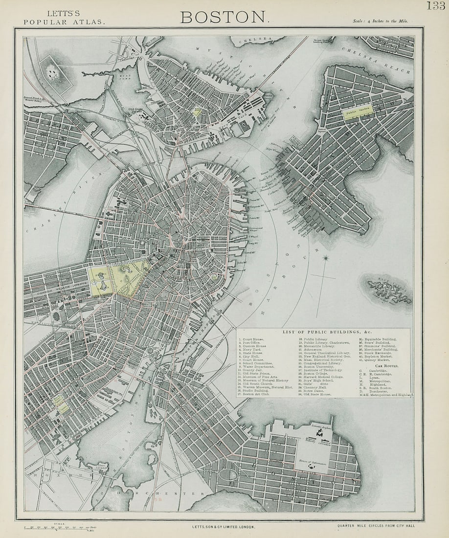 BOSTON antique town city map plan. Charlestown. LETTS 1884 old (1 of 1)