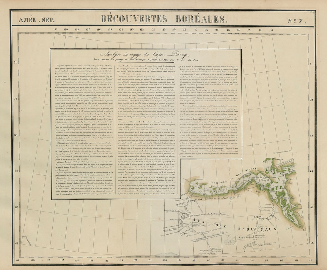 Amér. Sep. Découvertes Boréales #7. Bathurst Inlet Nunavut VANDERMAELEN 1827 map: CAPTION PRINTED BELOW PICTURE: Amér. Sep. - Découvertes Boréales [Analyse du voyage du Capit. Parry] - No. 7 The map shows the Bathurst Inlet, Coronation Gulf, and the Duke of York Archipelago. Ins