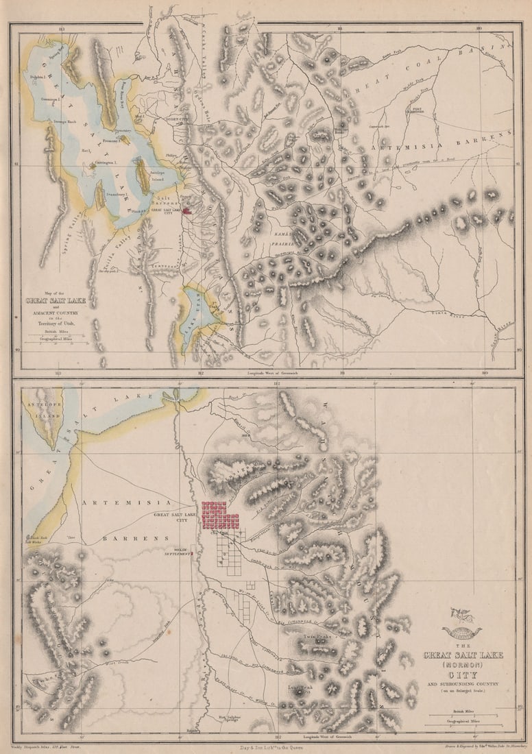 THE GREAT SALT LAKE (MORMON) CITY'. Town plan & environs maps. WELLER 1863: TITLE/CONTENT OF MAP: 'The Great Salt Lake (Morman) City and Surrounding Country; Map of the Great Salt Lake and Adjacent Country in the Territory of Utah' DATE PRINTED: 1863 IMAGE SIZE: Approx 44.5 x