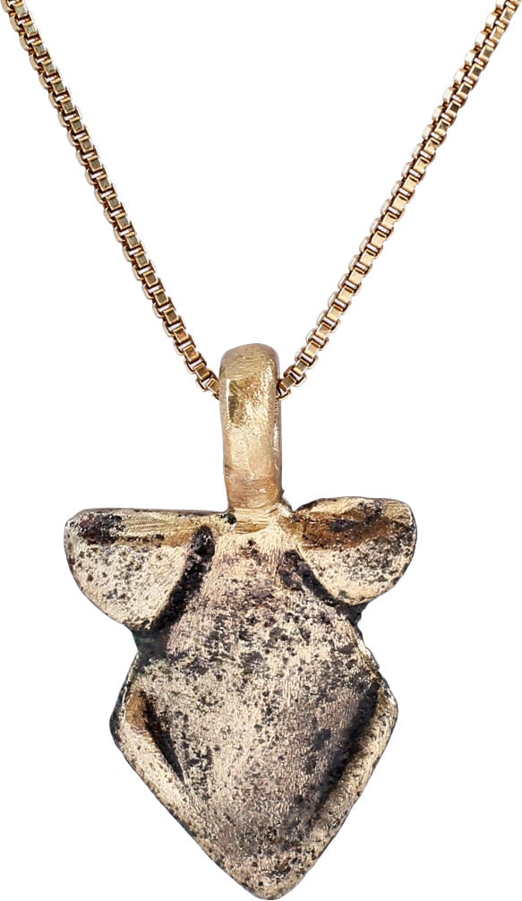 ITALIAN GOTHIC LADY’S PENDANT NECKLACE C.1300-1500: Gilt bronze, of shield shape with armorial significance, indicating that it was owned by someone of the noble class. Full thick section with flat back, produced by the lost wax molding technique. Gilt
