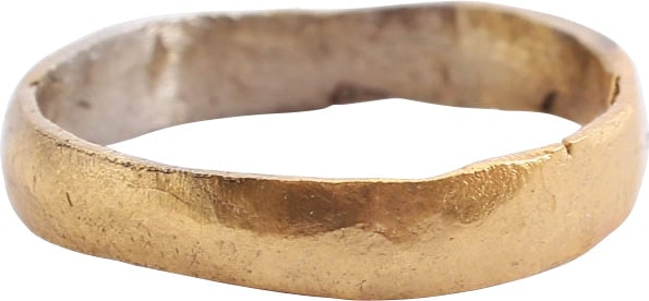 VIKING WEDDING RING 866-1067 AD, SIZE 4 1/4: Gilt bronze, size 4 ¼. 3.7mm width with low rounded face. Surface textured from burial. Professionally refurbished with the surface restored in 24karat gold. See the reference image which shows t