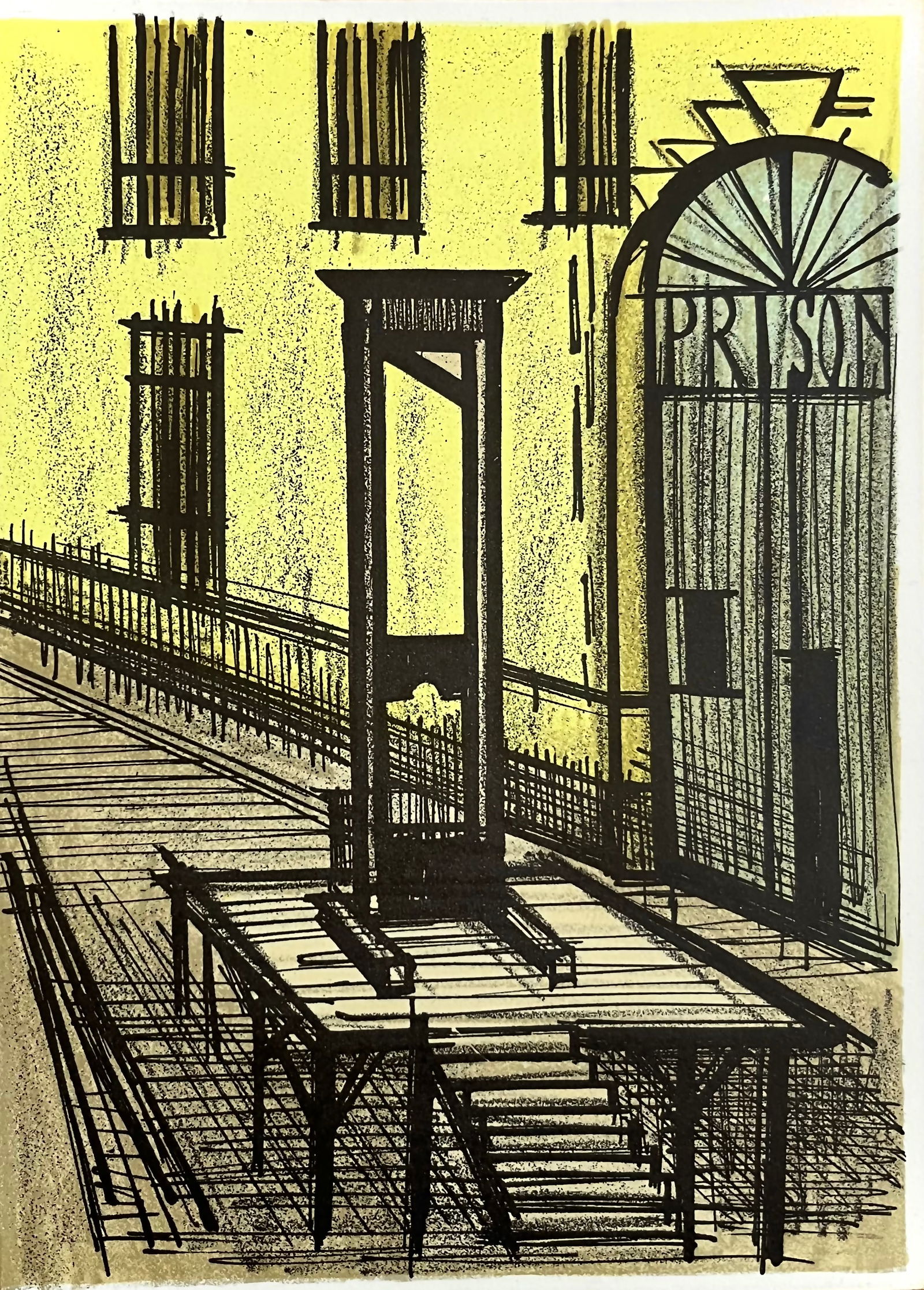 Bernard Buffet Prison Original Lithograph 1968: Artist: Bernard Buffet Country: France Title: Prison Medium: Original Lithograph Marks: Not Signed, not numbered Printed: 1968 Atelier Descilee a Tournai, France Paper: Vellum 9 x 6.5 inch Prove