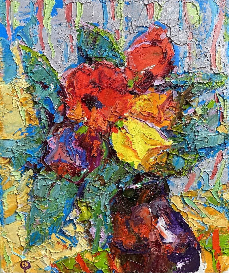 Oil painting A bouquet of tulips Alex Kalenyuk: Kalen 1310 "A Bouquet of Tulips" is a vivid and textural oil painting that conveys the beauty and energy of a bunch of freshly cut tulips. The painting is rendered in an impasto technique, with thick,