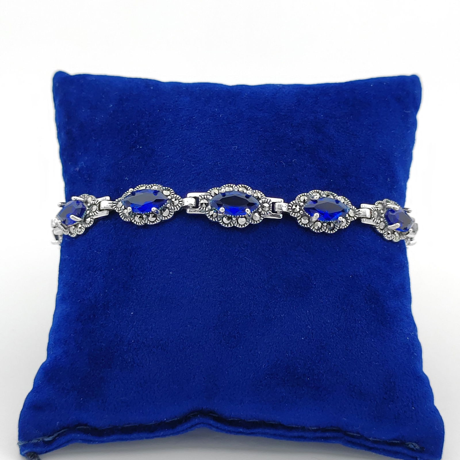 925 Silver Ladies Bracelet with Blue Zircons and Marcasite (1 of 8)