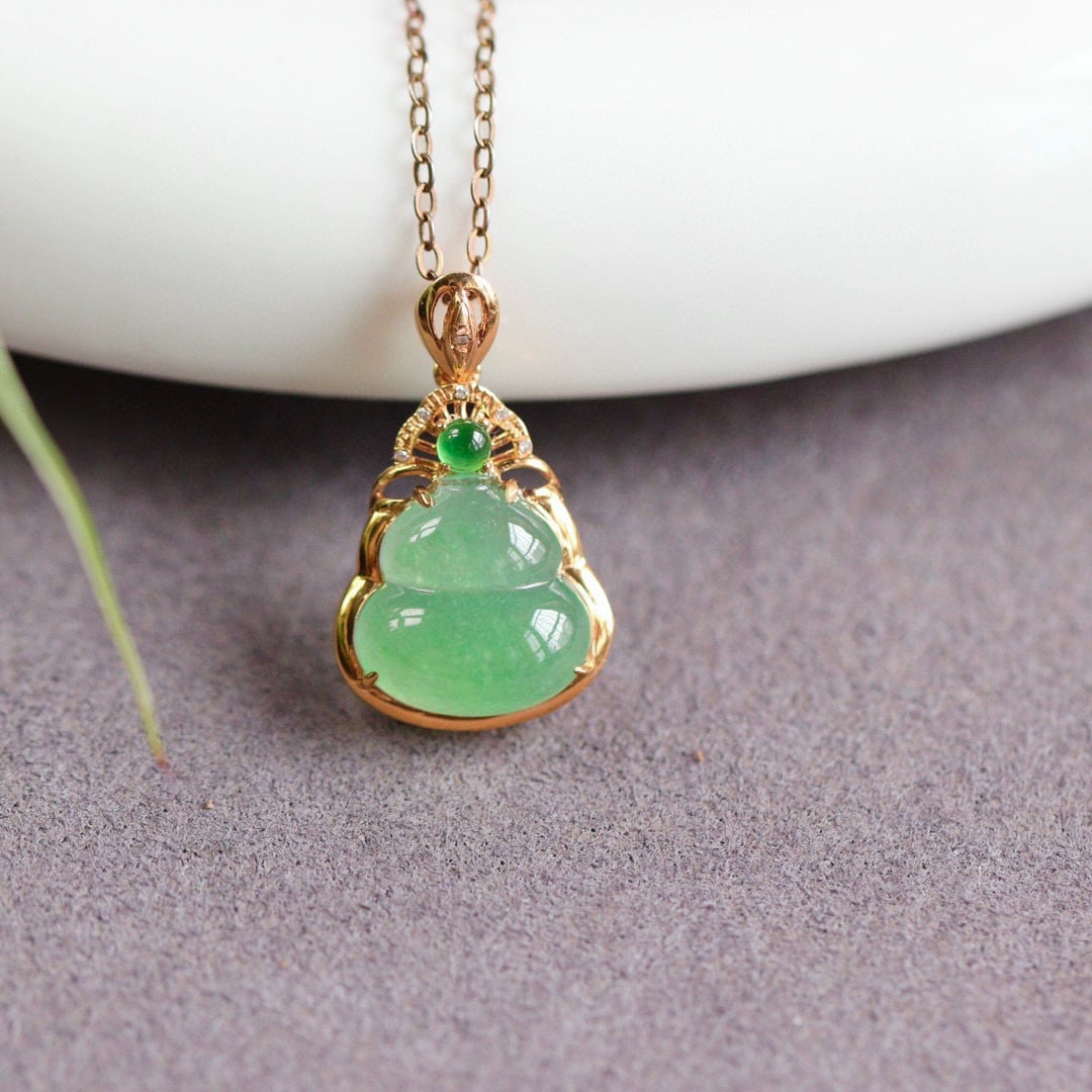 18K Gold Inlay Green Jadeite & Diamond Gourd Pendant w Certificate (1 of 6)