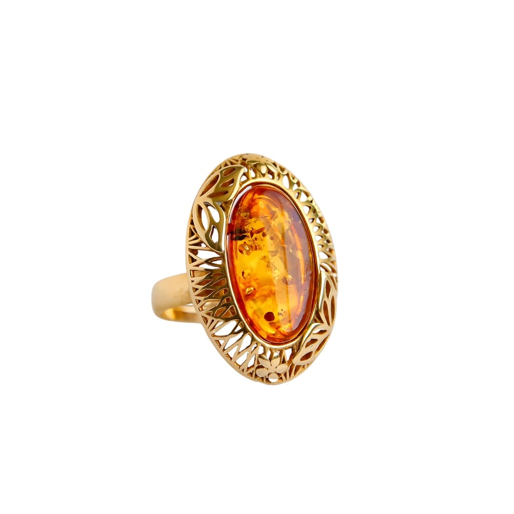 Natural Baltic Cognac Amber Victorian Era 14K Gold Plated Queens Adjustable Ring (1 of 6)