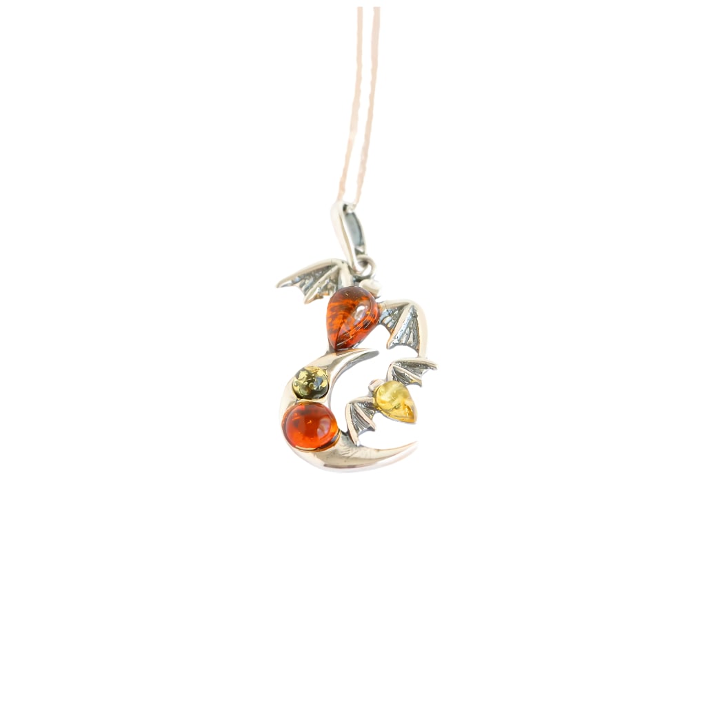 Natural Baltic Multicolor Moon and Bat Pendant Necklace: Title:Natural Baltic Multicolor Moon and Bat Pendant Necklace Description:Natural Baltic Multicolor Moon and Bat Pendant NecklaceThis stunning pendant necklace is crafted from 925 sterling silver and 