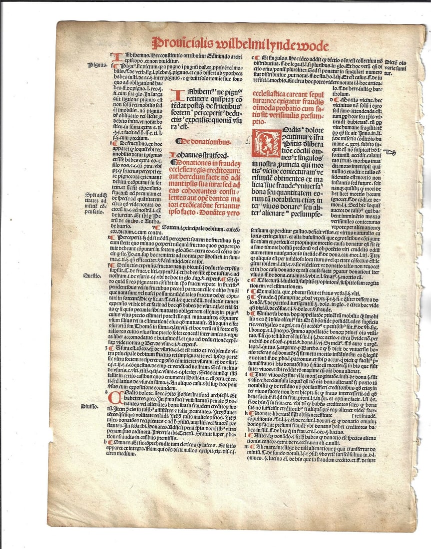 1501 Law Leaf Canterbury Lynewood: A leaf from "Provinciale Seu Constitutiones Anglie", by William Lyndewood, printed at Paris by Andre Bocard in 1501. In red and black with nice initial in red, the leaf with Ecclesiastical laws establ