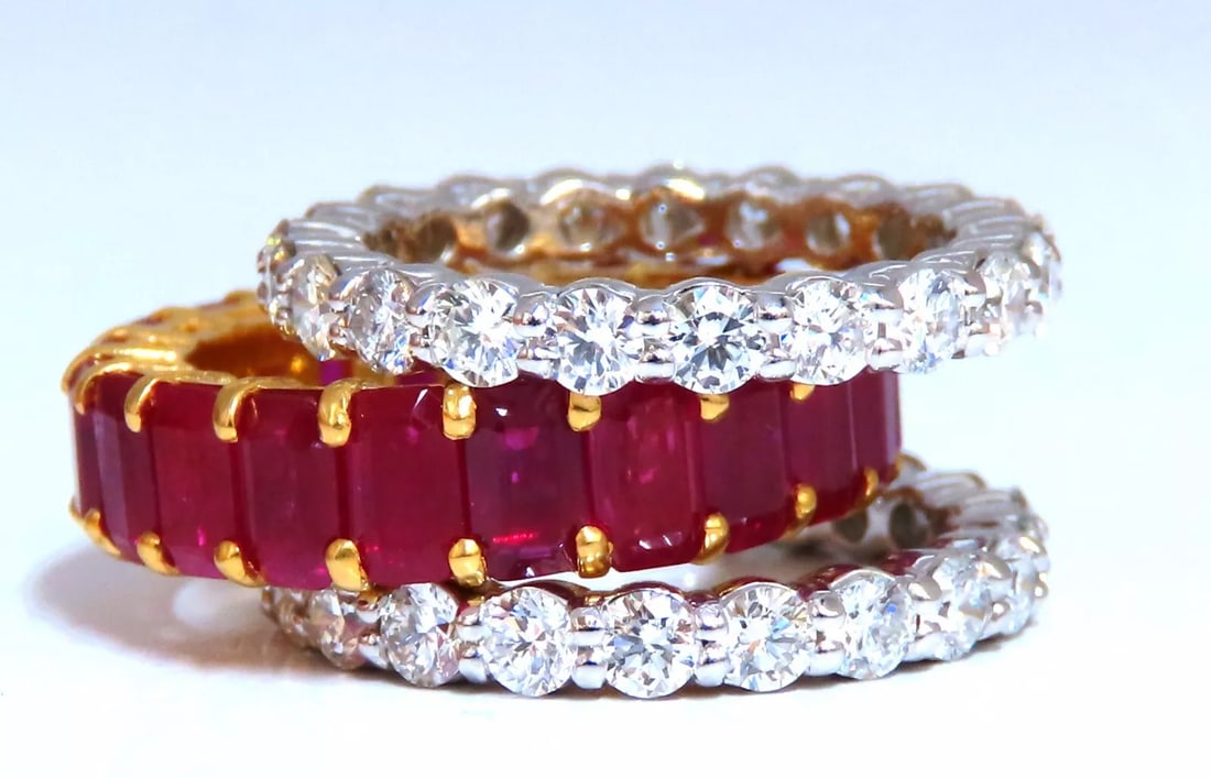 Stackable Ruby Diamonds eternity Rings 14kt Natural Vivid Reds Stacking 11.36ct: 8ct. emerald cut Natural Rubies & 3.36ct diamonds stackable rings. Three rings. Rubies: Clean Clarity & full emerald cuts. Transparent & Vivid red colors. Average: 3 x 5mm each / 21 count 3.36ct. natu
