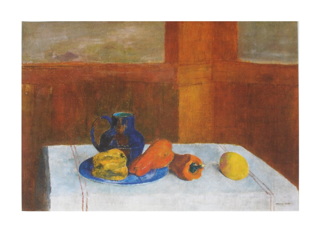 Odilon Redon - Still Life with Peppers and Pitcher - 1975 Lithograph 23.75" x 31.5": Still Life with Peppers and Pitcher by Odilon Redon, 1975 Unsigned Lithograph. Paper size is 23.75 x 31.5 inches, with an image size of 18.75 x 27.25 inches. The Lithograph is from an unknown edition