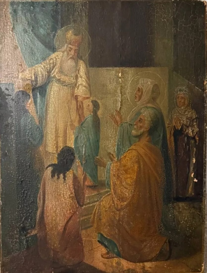 ANTIQUE 19c OF PRESENTATION IN THE TEMPLE RUSSIAN ICON OF SAINTS (1612): STUNNING RUSSIAN ANTIQUE 19c ORTHODOX ICON OF THE SAINTS. VERTICAL CRACK SIZE ;H : 41 x 30 cm. Reserve: $1,295.00 Shipping: Domestic: Flat-rate of $40.00 to anywhere within the contiguous U.S. I