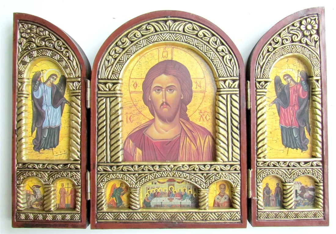 GREEK ORTHODOX ICON wooden TRIPTYCH Byzantine style JESUS & GUARDIAN ANGELS (1 of 3)