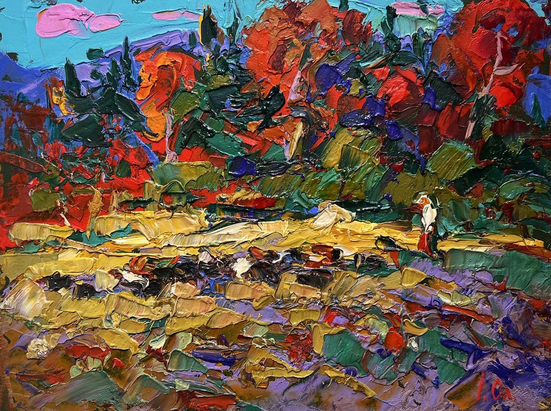 Oil painting Among the autumn forest Alex Kalenyuk: ?AAA3841 This oil painting cardboard, titled "Among the autumn forest", a rugged, textured terrain filled with a mixture of golden yellows, deep purples, and earthy reds, representing fallen leaves, r