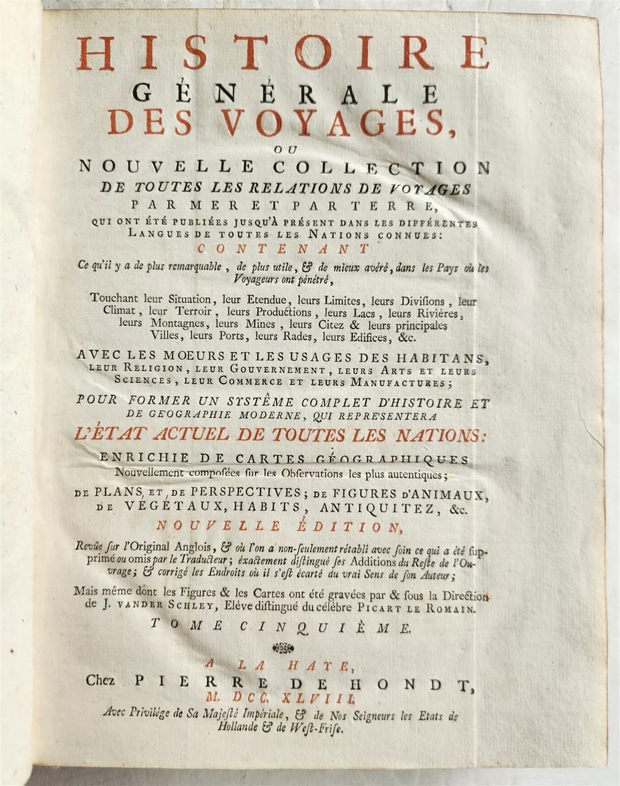 1748 TRAVELS TO AFRICA antique ILLUSTRATED Histoire generale des voyages vol. 5: Histoire generale des voyages... Nouvelle ed. by A.E. Prevost A la Haye (The Hague): Pieter de Hondt ; 1748 Tome V Illustrated with engraved plates and folding maps Dedicated to travels to Africa Size